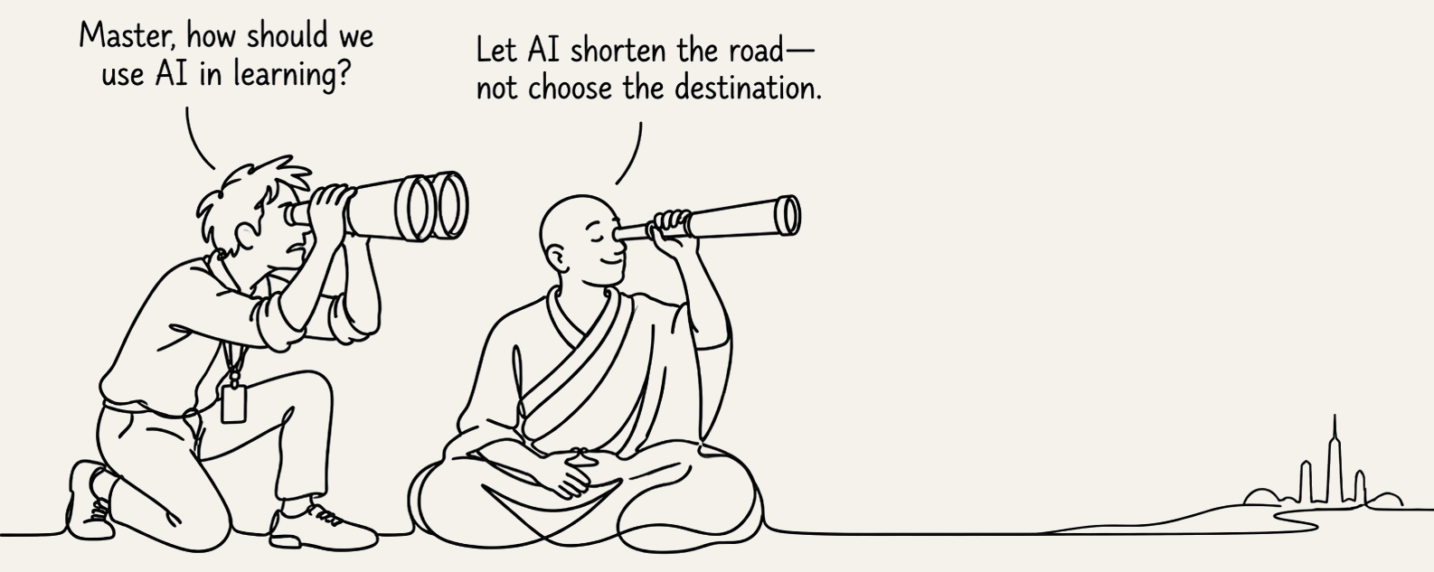 Corporate satire about using AI to shorten the road, not choose the destination