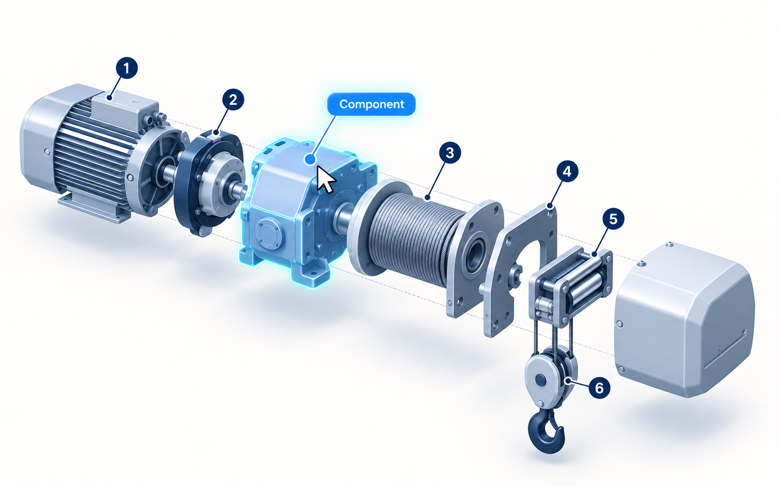 Exploded crane hoist assembly